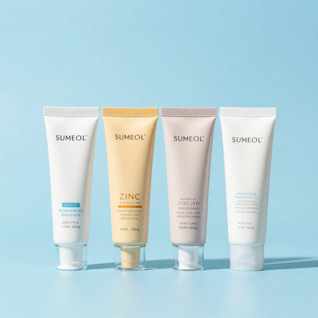 Four tinted mineral zinc sunscreen tubes in different shades together